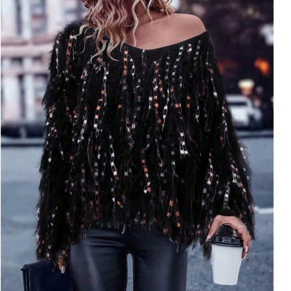 Cozy Fuzzy Multicolor Tassel V neck Loose Fit Sweater Top - Picture 5 of 8